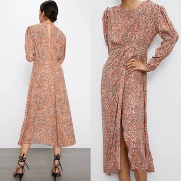 ZARA Floral Printed Long Puff Ruched Sleeve Draped‎ Midi Dress Size Small - Picture 8 of 16
